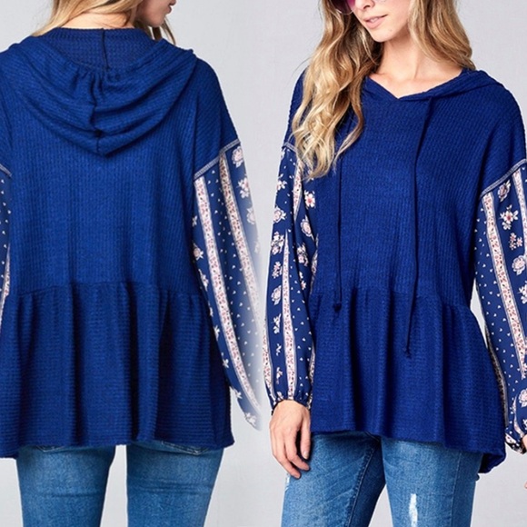 Multicolored Waffle Knit Long Sleeve Floral Boxy Hoodie - Picture 4 of 9